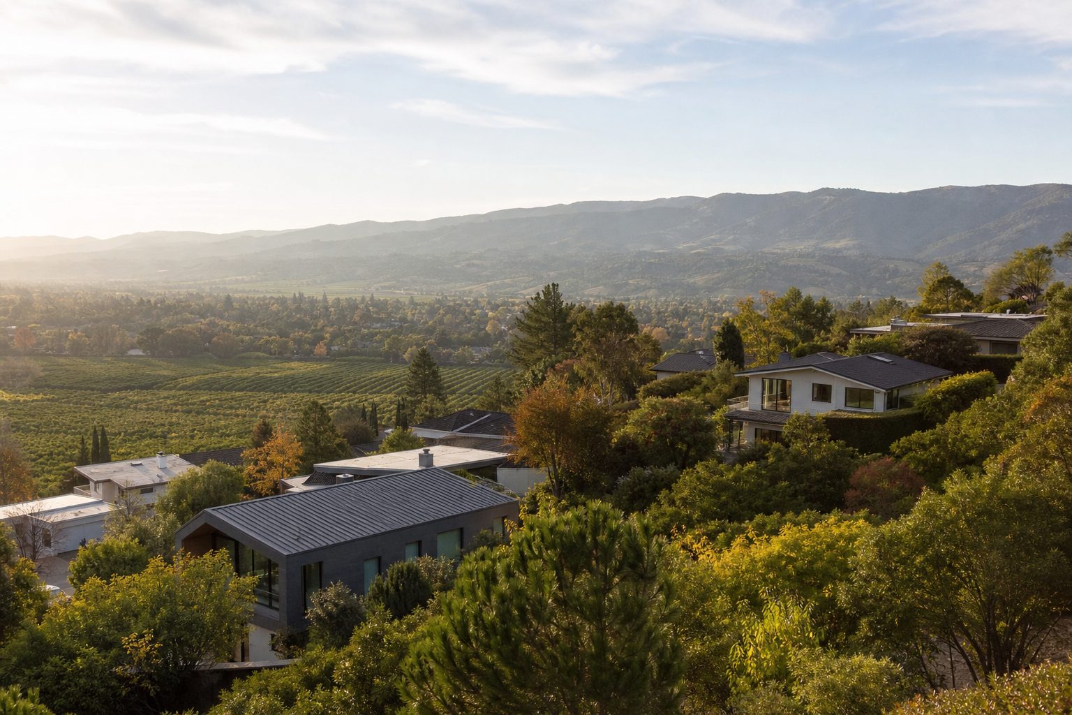 AI-generated concept image of South Bay foothill homes near Cupertino, California