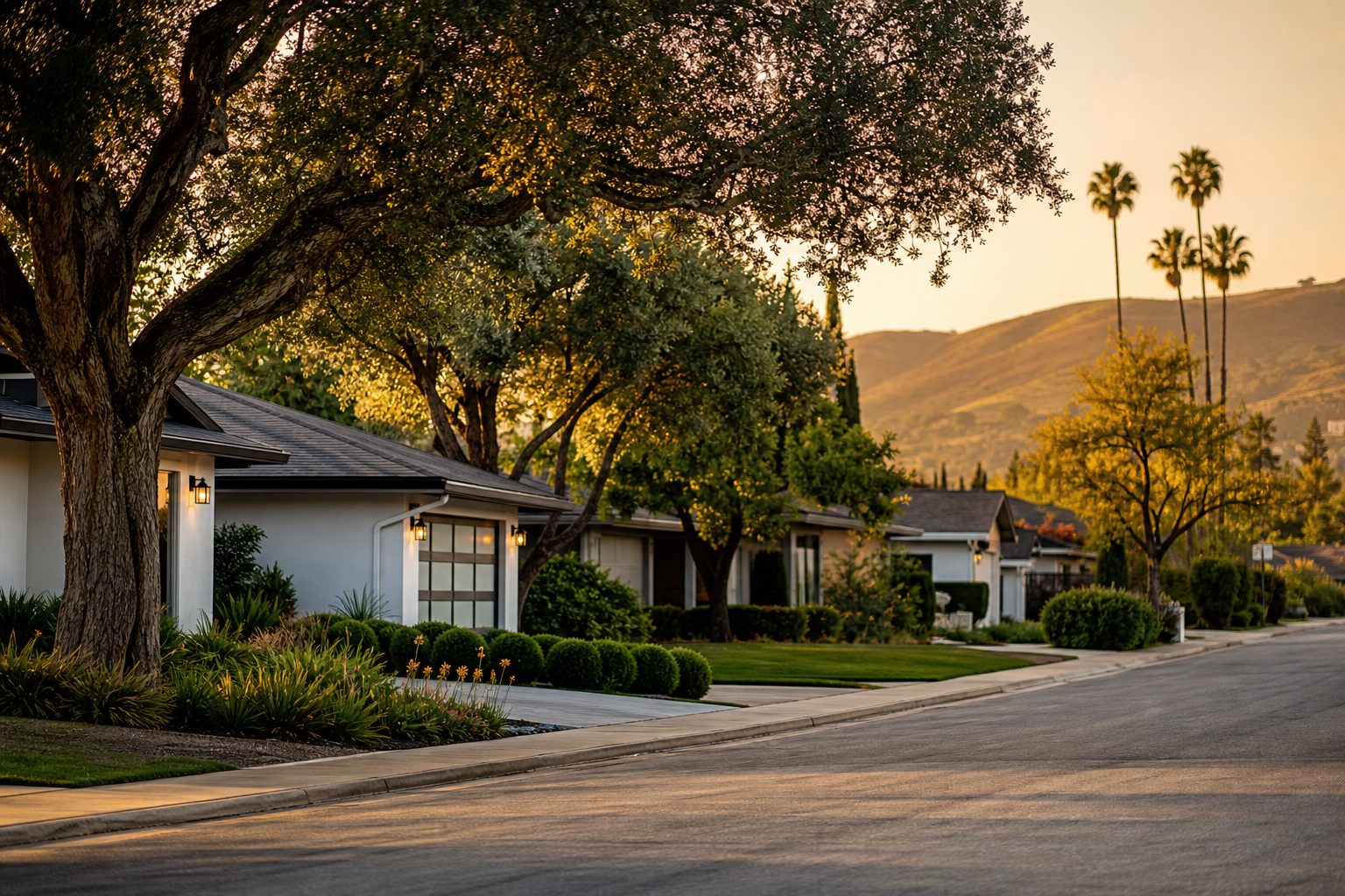 AI-generated concept image of a Silicon Valley residential street at golden hour, representing the South Bay neighborhoods Tony Vo serves